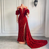 Red Mermaid Long Prom Dresses 2022 Sexy High Slit Short Sleeves Sparkly Sequin, birthday dress