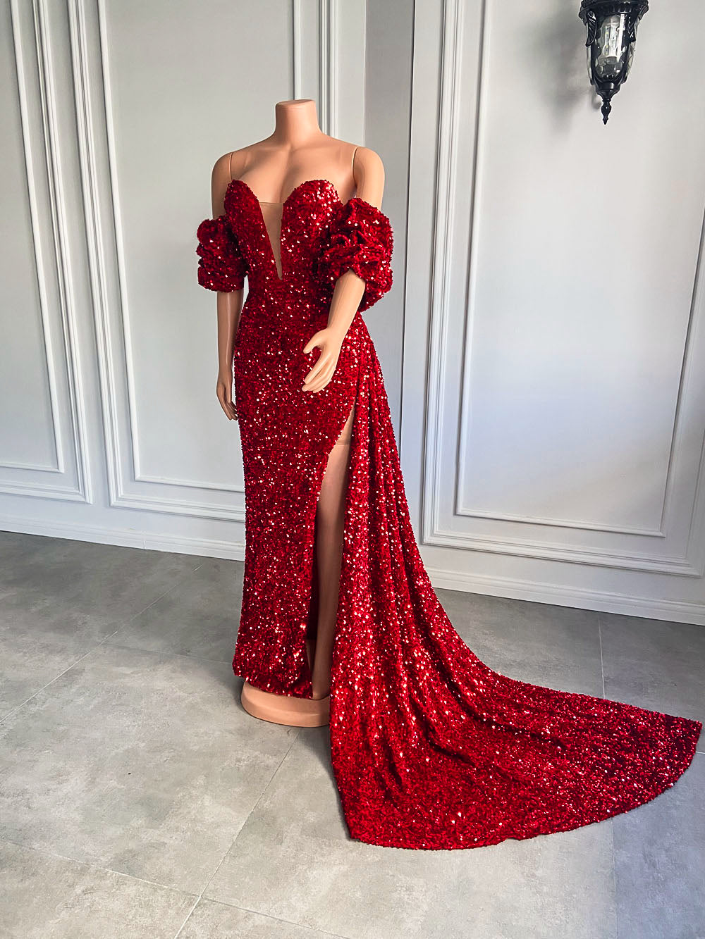 Red Mermaid Long Prom Dresses 2022 Sexy High Slit Short Sleeves Sparkly Sequin, birthday dress
