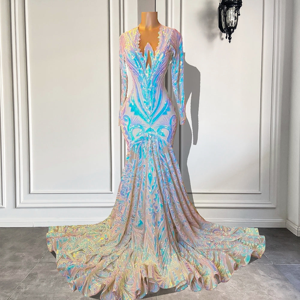 Sexy Mermaid Prom Dresses 2022 Sheer O-neck Long Sleeve Sequined Prom Party Gowns