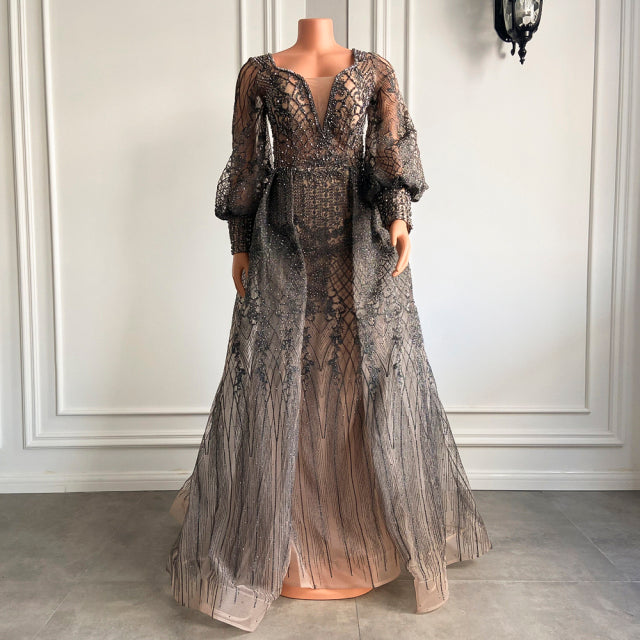 Muslim Long Evening Dresses 2022 V-neck Long Sleeve  Beaded Embroidery Backless  Party Formal Gowns