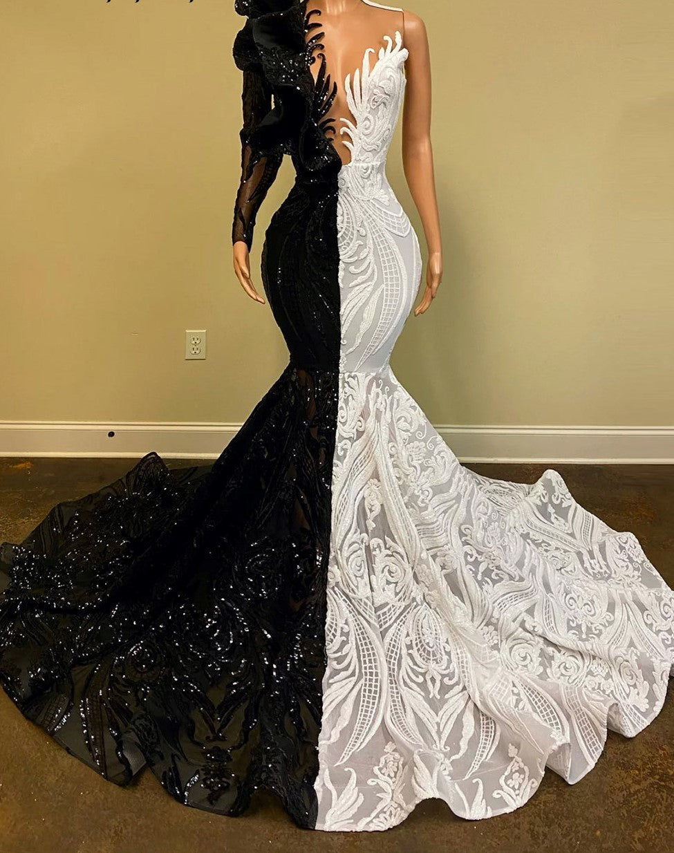 Long Prom Dresses Elegant 2022 Sexy Long Sleeve Mermaid Black And White Sequin Real Prom Gala Dress