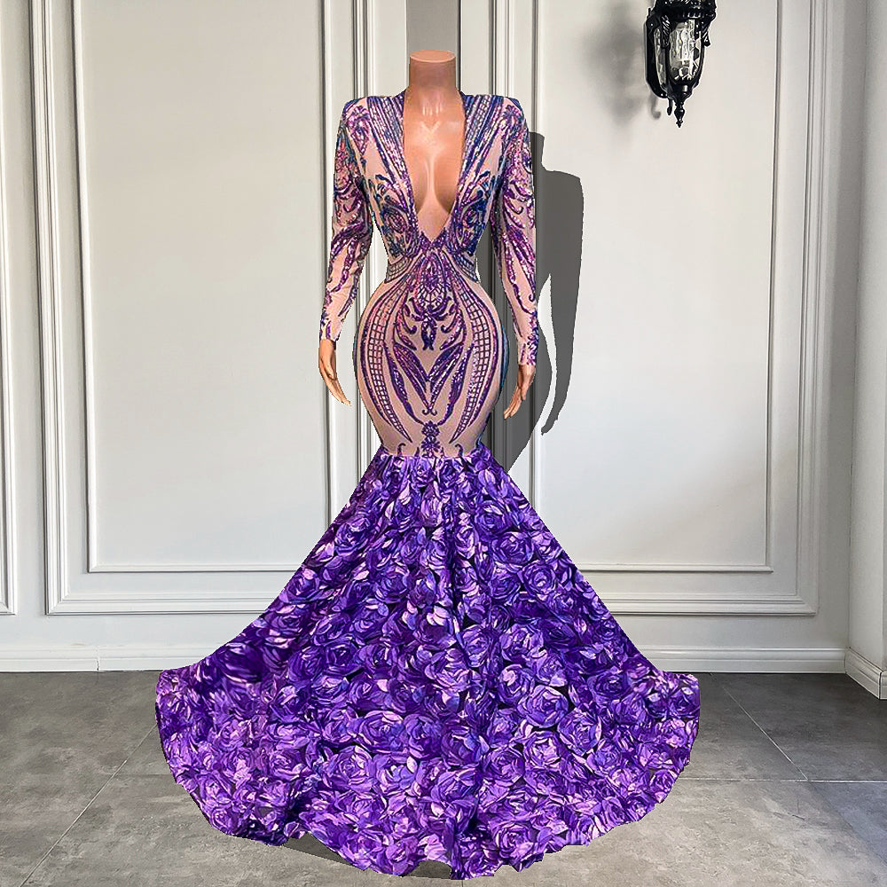 Long Sleeve  2022 V-neck Sparkly Sequined  mermaid Fitted Lavender Prom Gowns, evening dress , birthday dress