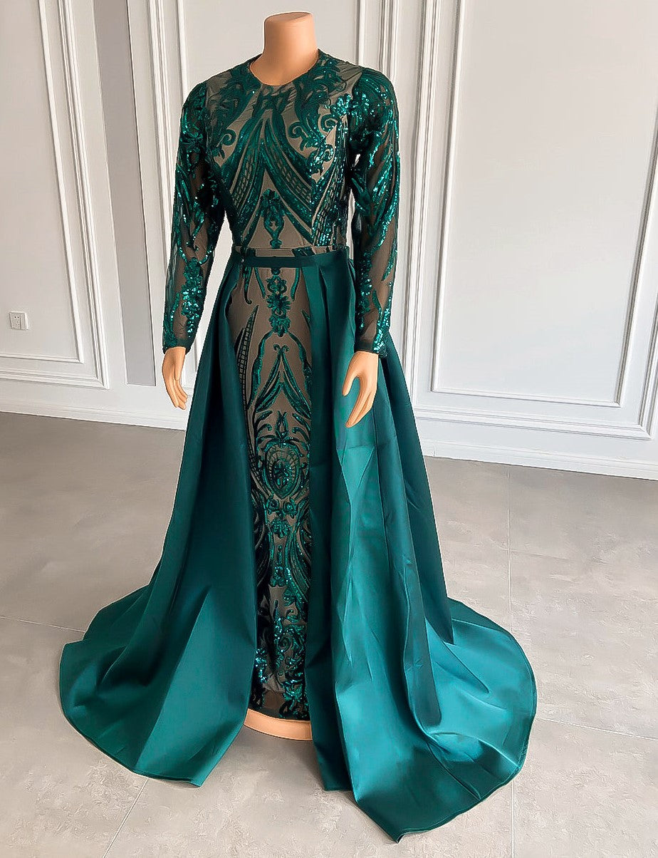 Long Sleeve Emerald Green Evening Dresses  O-neck Straight Sequined  Detachable Train Formal Evening Gowns