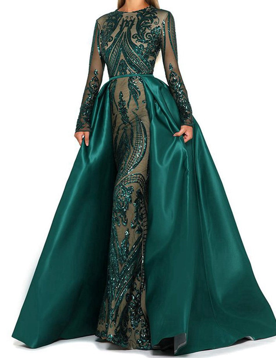 Long Sleeve Emerald Green Evening Dresses  O-neck Straight Sequined  Detachable Train Formal Evening Gowns