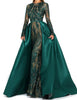 Long Sleeve Emerald Green Evening Dresses  O-neck Straight Sequined  Detachable Train Formal Evening Gowns