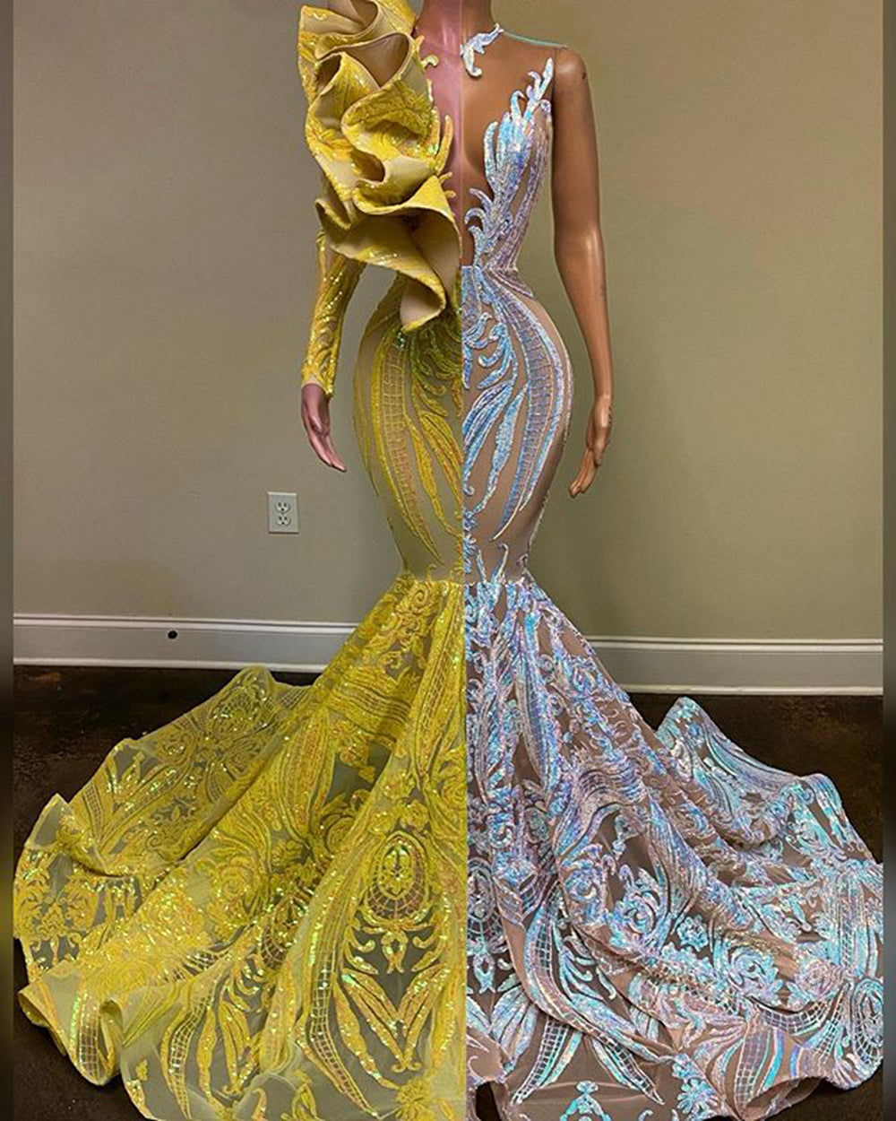 Sexy Long Prom Dresses Singel Long Sleeve Yellow and Silver, birthday Dress, Evening Dress and wedding dress