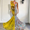 Sexy Long Prom Dresses Singel Long Sleeve Yellow and Silver, birthday Dress, Evening Dress and wedding dress