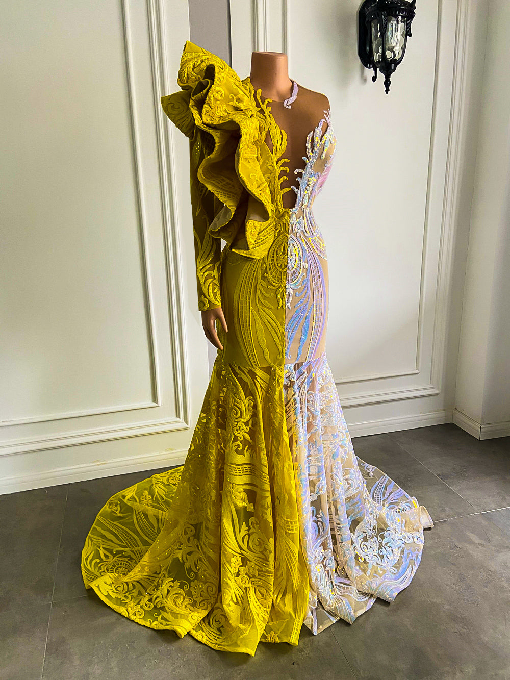 Sexy Long Prom Dresses Singel Long Sleeve Yellow and Silver, birthday Dress, Evening Dress and wedding dress