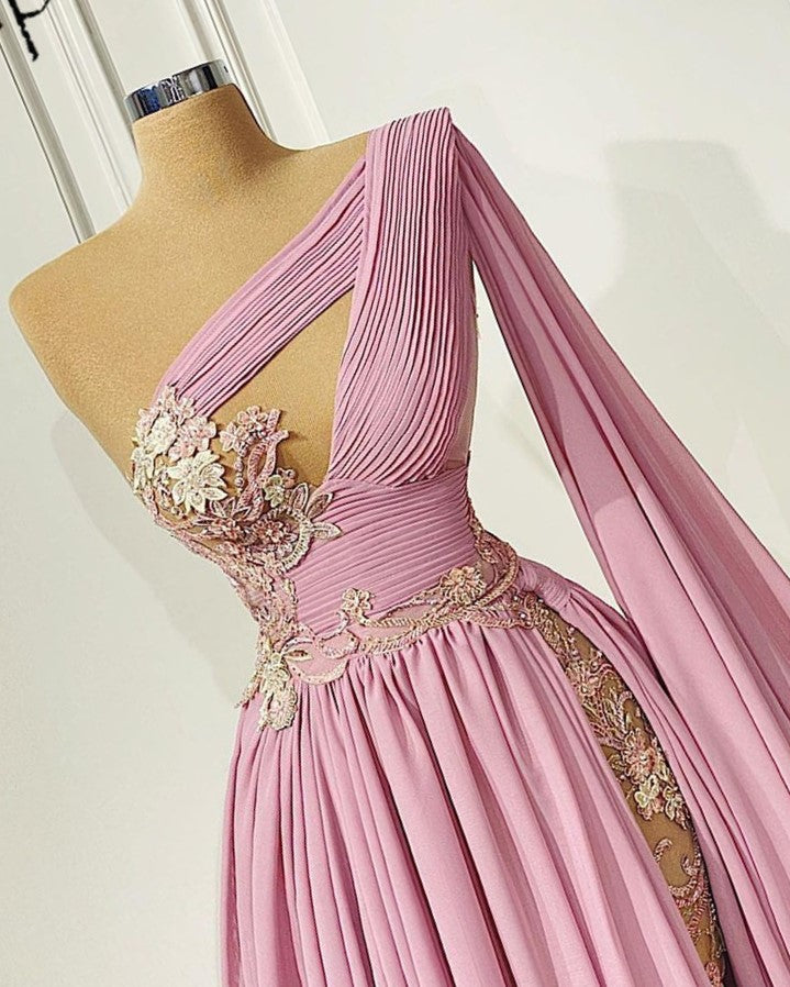 Pink Long Evening Dresses , Stunning Asymmetrical Neck Pleated Beaded Appliques Chiffon A-line Women Formal Gowns