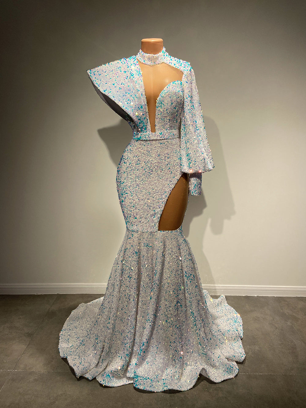 Stunning Long Sleeve High Neck Sexy Mermaid Style White Sparkly Velvet Sequin dress.