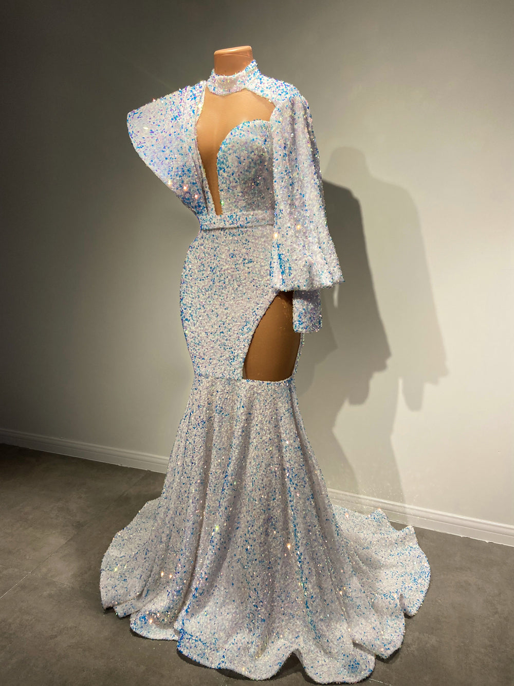 Stunning Long Sleeve High Neck Sexy Mermaid Style White Sparkly Velvet Sequin dress.