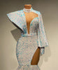 Stunning Long Sleeve High Neck Sexy Mermaid Style White Sparkly Velvet Sequin dress.
