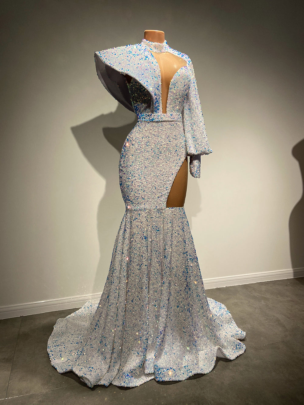 Stunning Long Sleeve High Neck Sexy Mermaid Style White Sparkly Velvet Sequin dress.