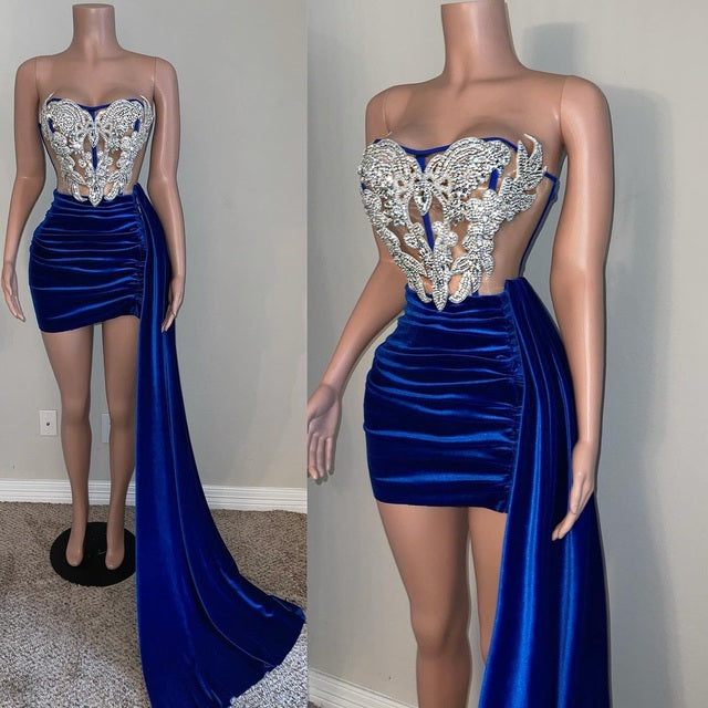 Real Picture High Low Short Prom Dresses 2022 Luxury Crystals Royal Blue African Black Girls Velvet Prom Party Dress