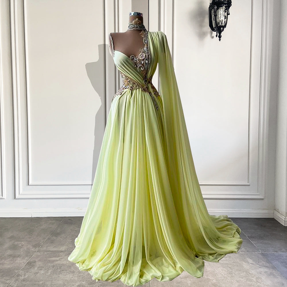 Real Sample Sheer High Neck Beaded Crystals Luxury Yellow Chiffom African Women Long Evening Dresses 2022