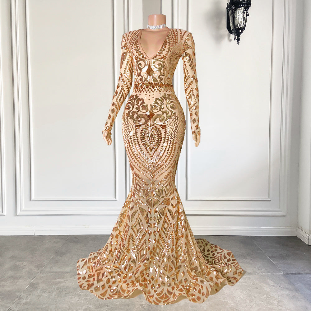 Long Sleeve Sparkly Sexy Mermaid V-neck Rose Gold Sequin African Black Girls Real Prom Gala Gowns