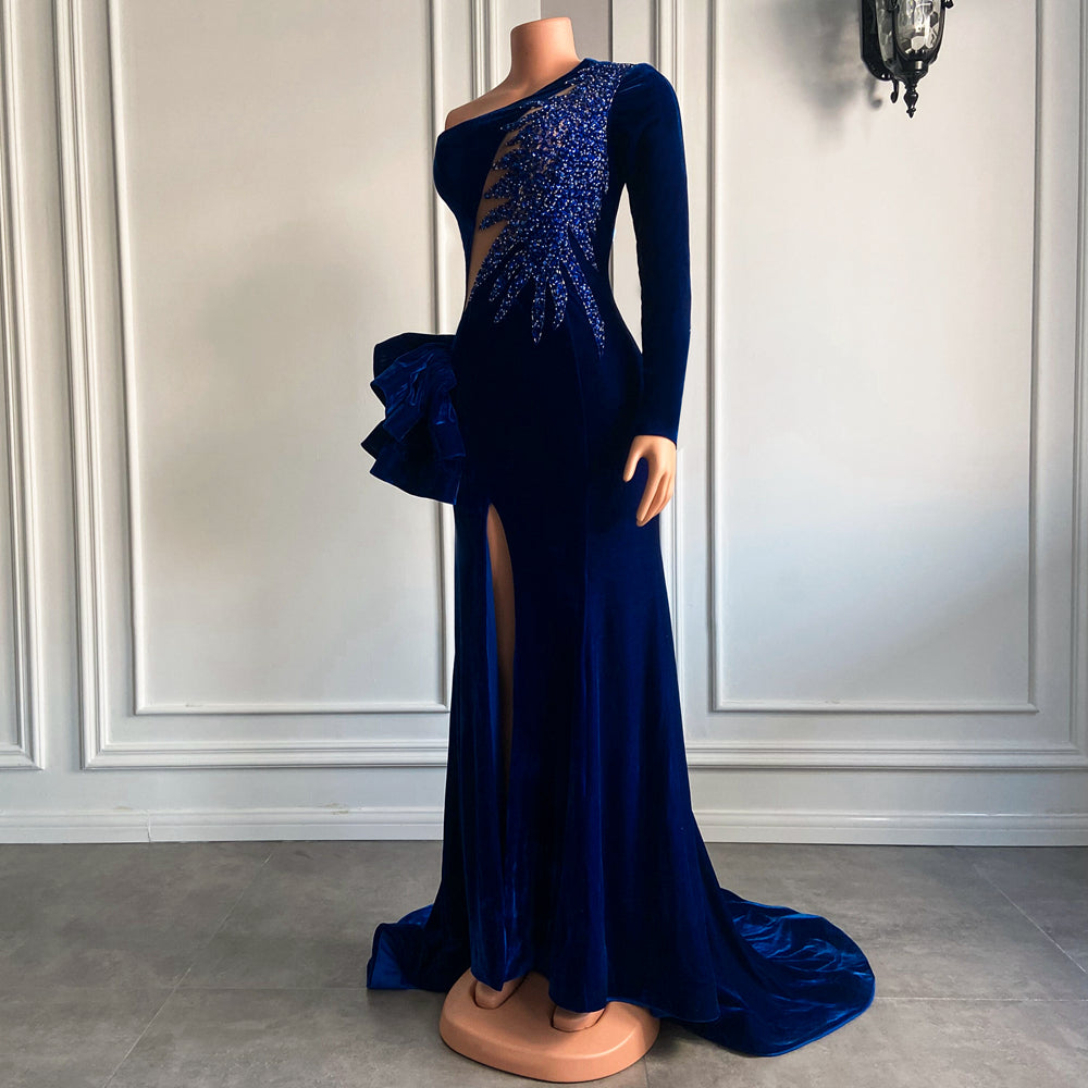 Long Sleeve Beaded Sexy High Slit Royal Blue Velvet  Mermaid