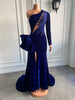 Long Sleeve Beaded Sexy High Slit Royal Blue Velvet  Mermaid