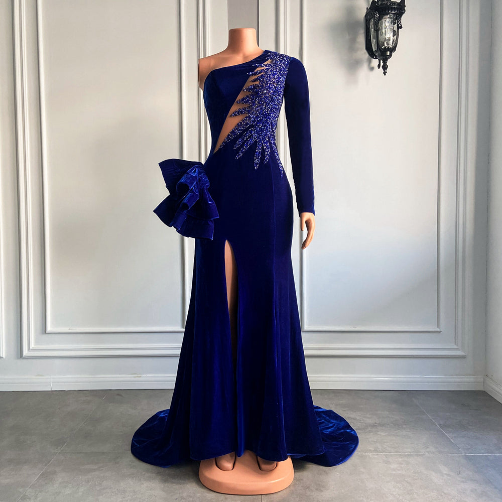 Long Sleeve Beaded Sexy High Slit Royal Blue Velvet  Mermaid