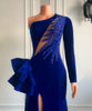 Long Sleeve Beaded Sexy High Slit Royal Blue Velvet  Mermaid