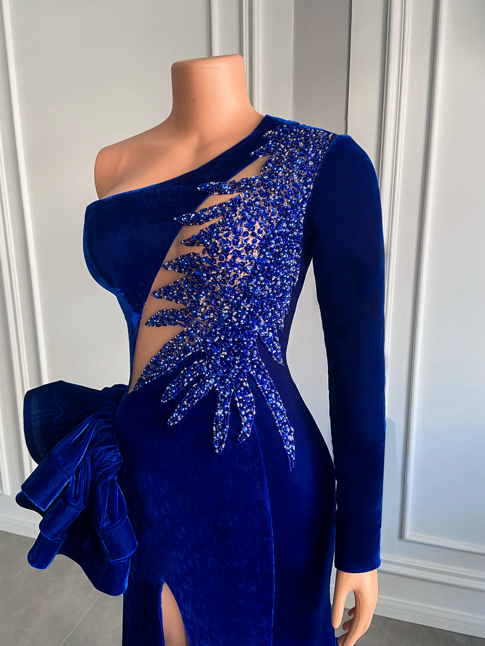 Long Sleeve Beaded Sexy High Slit Royal Blue Velvet  Mermaid