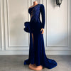 Long Sleeve Beaded Sexy High Slit Royal Blue Velvet  Mermaid