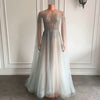 long Sparkly Beaded Sheer Back Women Silver Tulle Formal Evening Gowns
