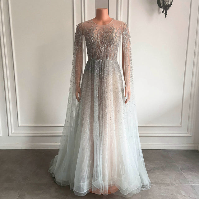 long Sparkly Beaded Sheer Back Women Silver Tulle Formal Evening Gowns