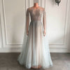 long Sparkly Beaded Sheer Back Women Silver Tulle Formal Evening Gowns