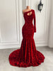 Real Sparkly Long Dresses 2022 Single Long Sleeve Mermaid Red Velvet Sequin