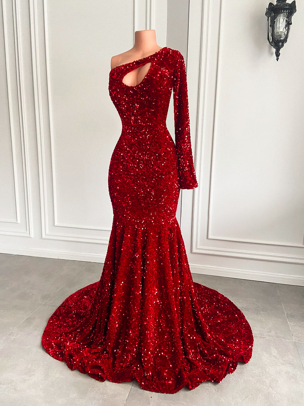 Real Sparkly Long Dresses 2022 Single Long Sleeve Mermaid Red Velvet Sequin