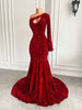Real Sparkly Long Dresses 2022 Single Long Sleeve Mermaid Red Velvet Sequin