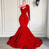 Real Sparkly Long Dresses 2022 Single Long Sleeve Mermaid Red Velvet Sequin