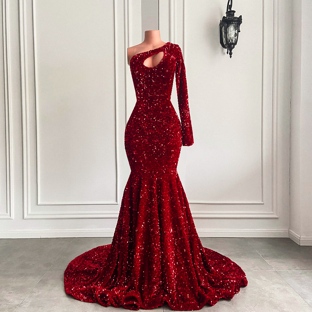 Real Sparkly Long Dresses 2022 Single Long Sleeve Mermaid Red Velvet Sequin