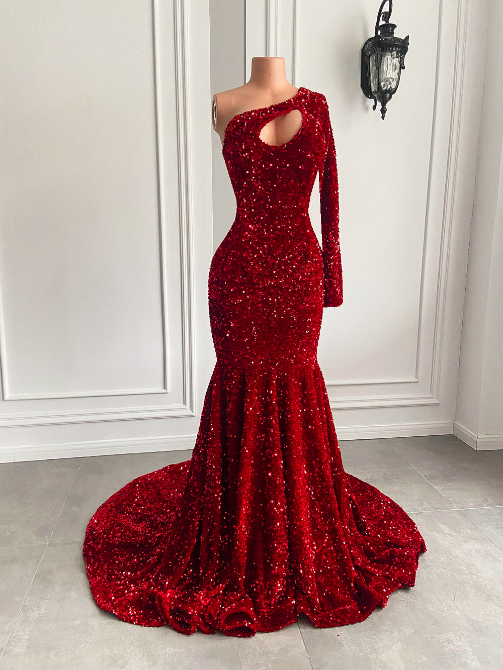 Real Sparkly Long Dresses 2022 Single Long Sleeve Mermaid Red Velvet Sequin