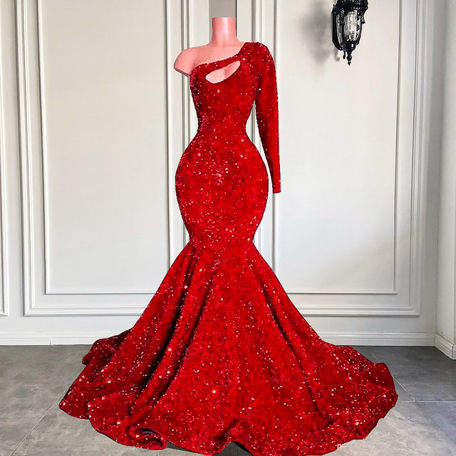 Real Sparkly Long Dresses 2022 Single Long Sleeve Mermaid Red Velvet Sequin