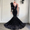 Fitted Long Sparkly Prom Dresses 2022 Single Long Sleeve Mermaid Style Sequined Black