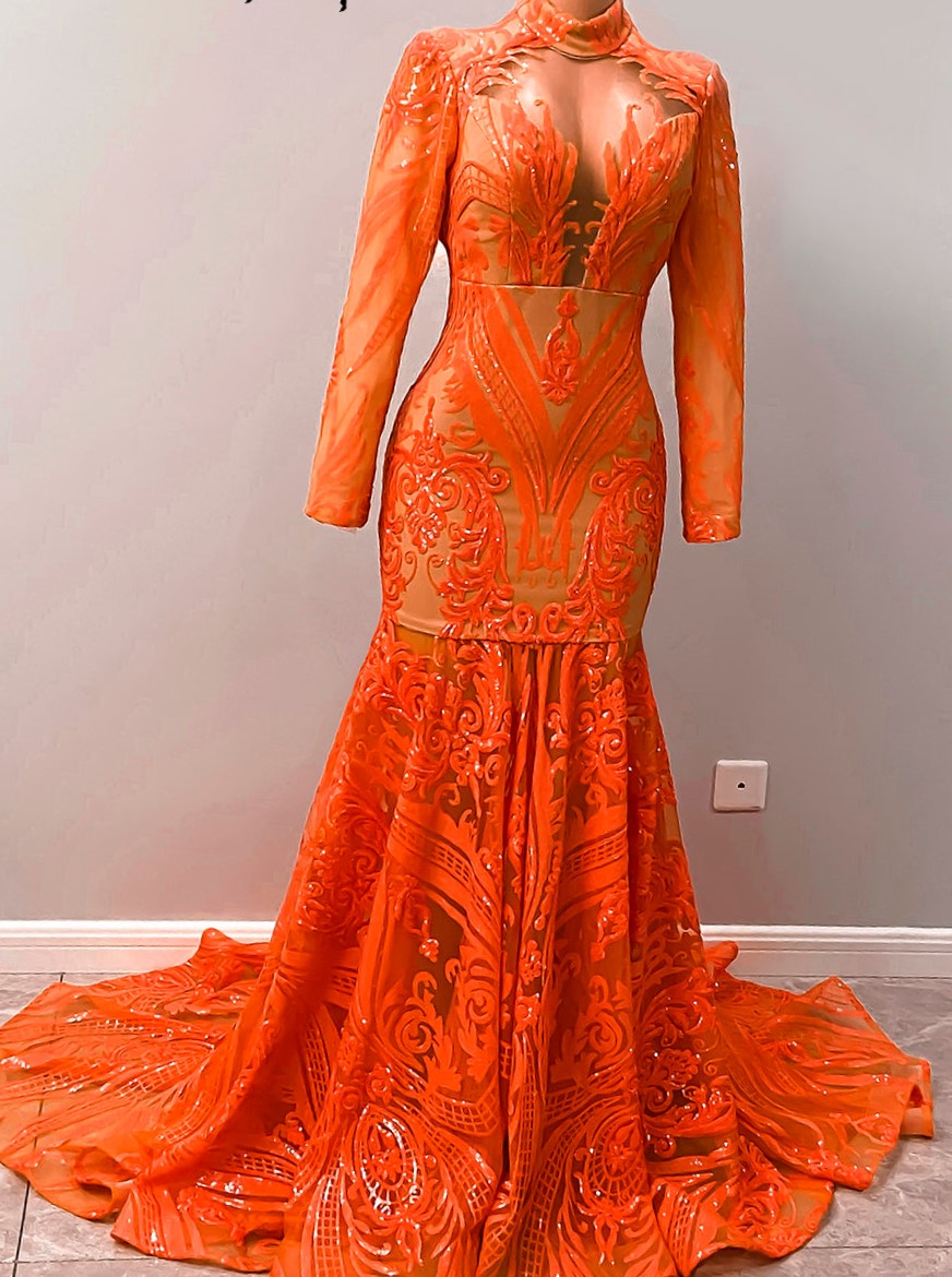 Sparkly Orange Long Prom Dresses 2022 High Neck Long Sleeve High Neck Sexy.